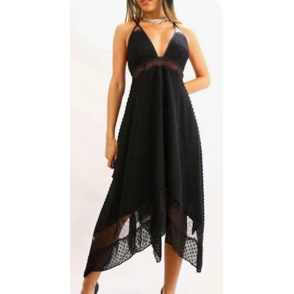 BEBE Hi Low Maxi Cocktail Dress Swiss Dot Lace Trim Bandage black XS